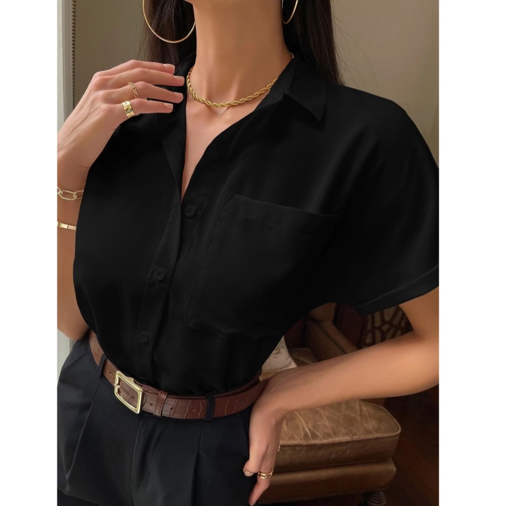 Black Casual Button Up / Down Shirt Collar, V-Neck Button Front Short Sleeve - Picture 6 of 13